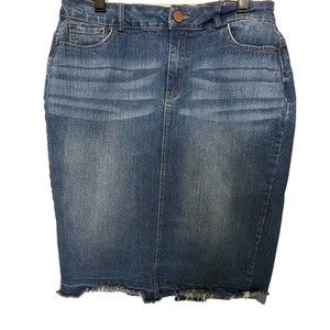 LABIJOU Womens Blue Denim Dark Wash knee length Pencil Raw Hem Skirt Plus 1X